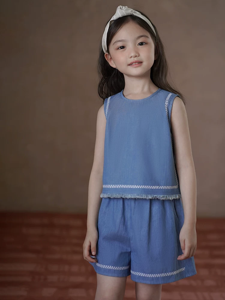 Hazi Quần Áo Trẻ Em Cotton Thân Thiện Với Da Áo Vest Trẻ Em Không Tay Top Vintage Quần Short Denim Nữ Mùa Hè Bộ Phong Cách Mới