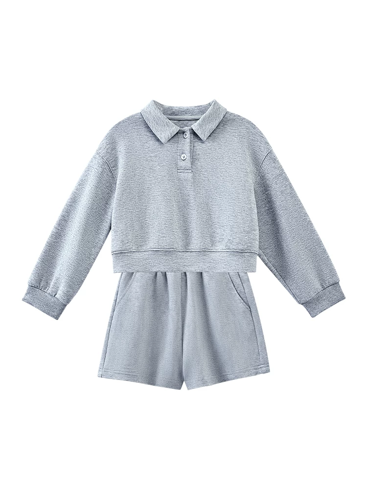 Quần áo trẻ em mùa thu áo polo dài tay áo len đơn giản màu xám quần short thể thao bé trai và bé gái bộ mùa thu