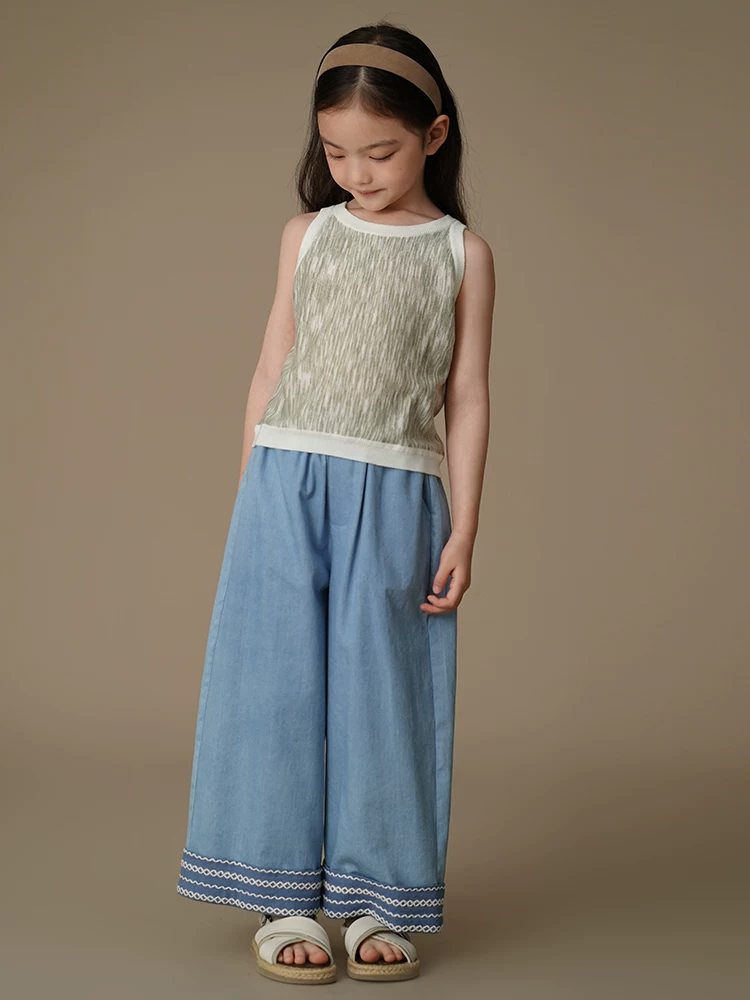 Quần dài mùa hè thường ngày cho bé gái, quần jean denim thiết kế đơn giản, quần chống muỗi cho trẻ lớn hơn, chất liệu cotton nguyên chất.