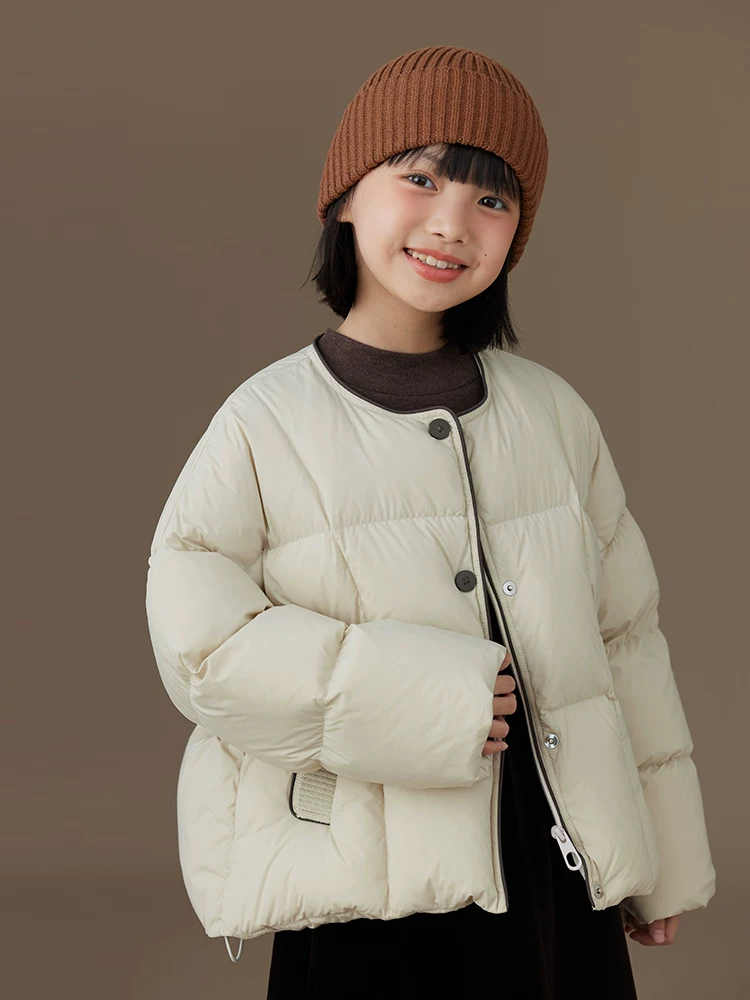 Áo khoác trẻ em màu be Áo khoác lông vũ cho bé trai và bé gái đơn giản đa năng Quần áo mùa đông ấm áp phong cách mới
