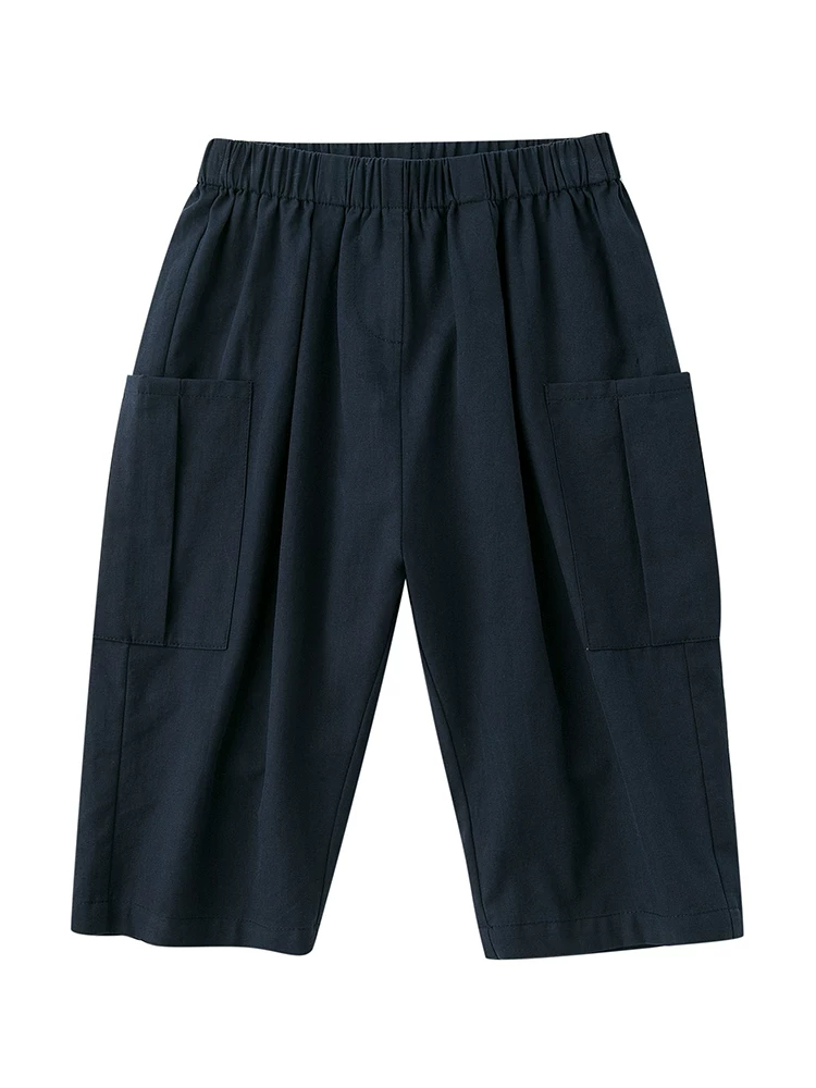 Quần áo trẻ em Hazi Bộ sưu tập mới mùa thu Phong cách cha mẹ và con cái Cotton nguyên chất thường ngày Đa năng lưng thun có túi lớn Quần short dài vừa phải