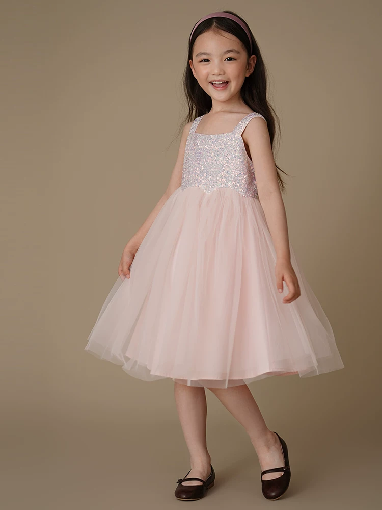 Váy voan trẻ em màu hồng ngọt ngào mùa hè với nhiều sequin, váy công chúa dành cho bé gái, váy dự tiệc sinh nhật