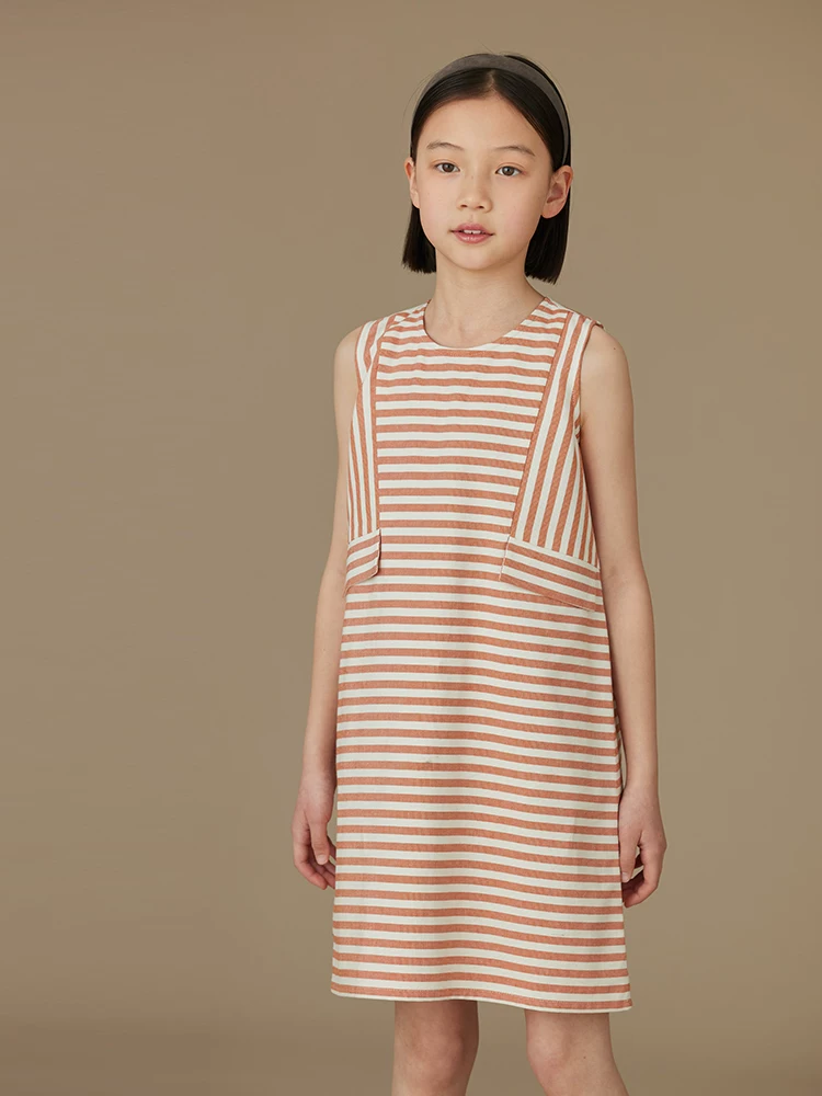 Váy vest mùa hè cho trẻ em, váy cotton sọc cam mỏng và ngọt ngào cho bé gái, thiết kế sành điệu