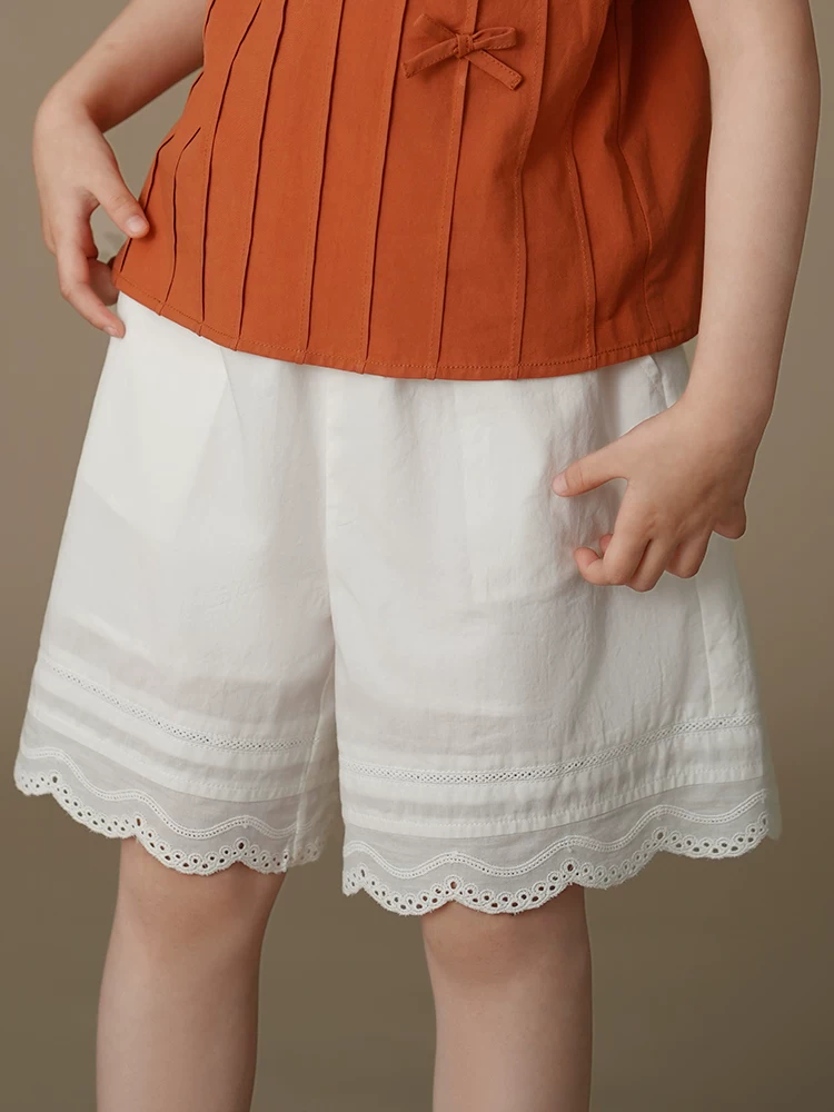 Quần short cotton đa năng có viền ren trắng cho bé gái, quần kiểu dáng mỏng mùa hè