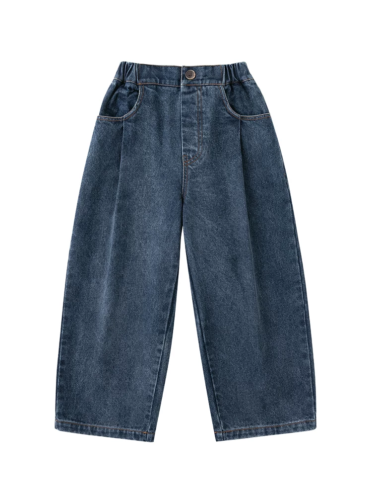 Quần denim trẻ em cho mùa xuân và mùa thu, quần dài giản dị cổ điển cổ điển cho bé trai và bé gái, quần cắt kiểu dao hình củ cà rốt, sành điệu.
