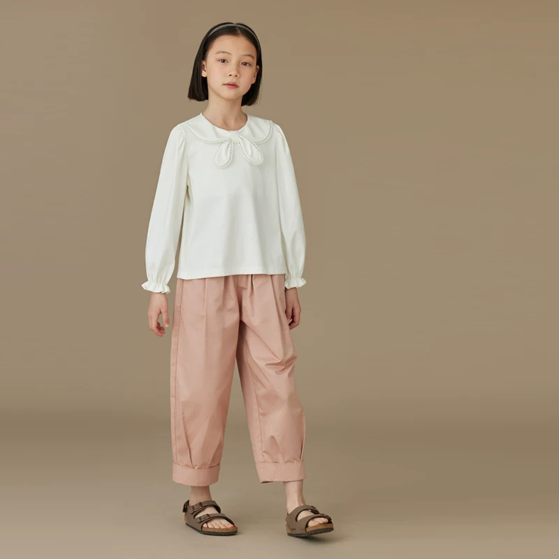 Quần Harem bé gái Harzhi Xuân Thu 2025 màu hồng, viền gấp, chất liệu cotton nguyên chất, thoải mái, kiểu dáng dài, quần cà rốt cho bé gái