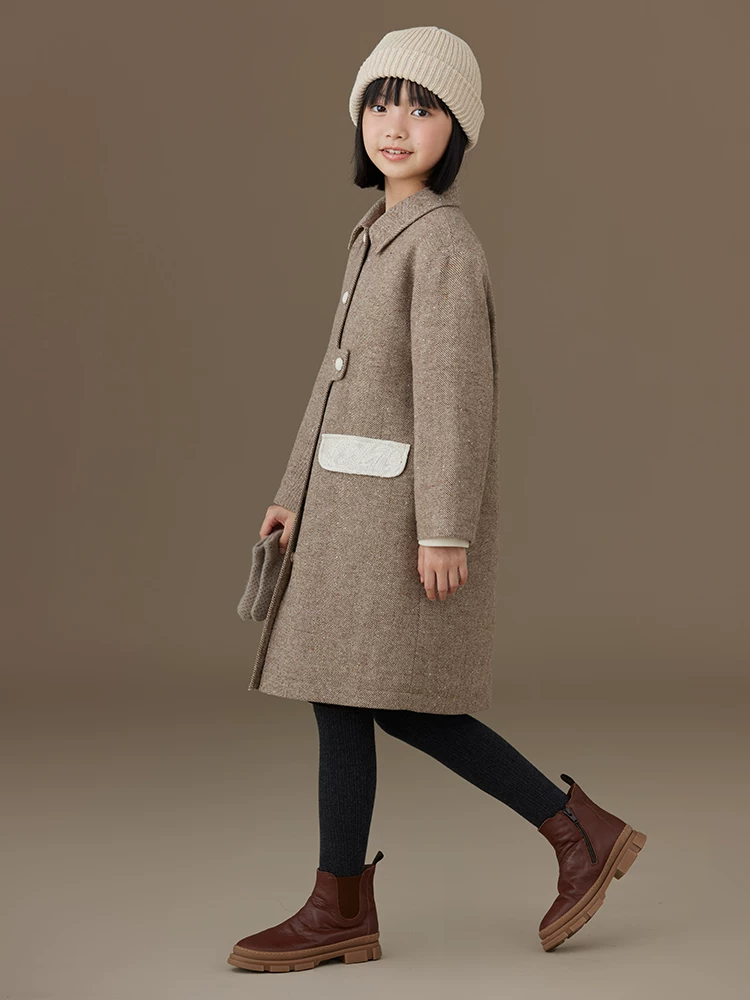 Quần áo trẻ em cho mùa thu đông, áo khoác trench dài trung bình cho bé gái, áo khoác len cho bé gái, trang phục mùa đông mới thời trang cho bé gái.
