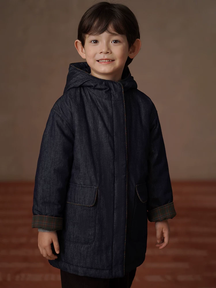 Quần áo trẻ em mùa thu đông áo khoác có mũ trẻ em dáng rộng phong cách retro denim cotton áo khoác bé trai bé gái áo dài trung bình
