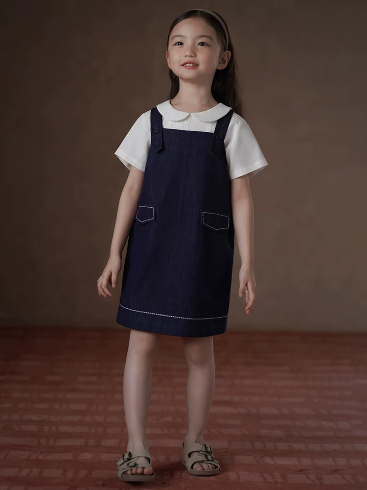 Quần áo trẻ em Hazi Váy trẻ em mùa hè Váy denim đơn giản phong cách Nhật Bản dành cho bé gái Váy denim cổ điển giản dị dành cho trẻ lớn hơn