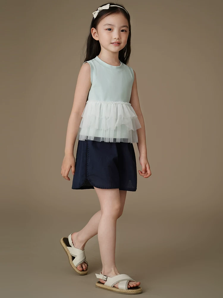 Quần áo trẻ em mùa hè áo mỏng không tay áo vest dệt kim lưới giả hai mảnh trang phục mùa hè cho bé gái