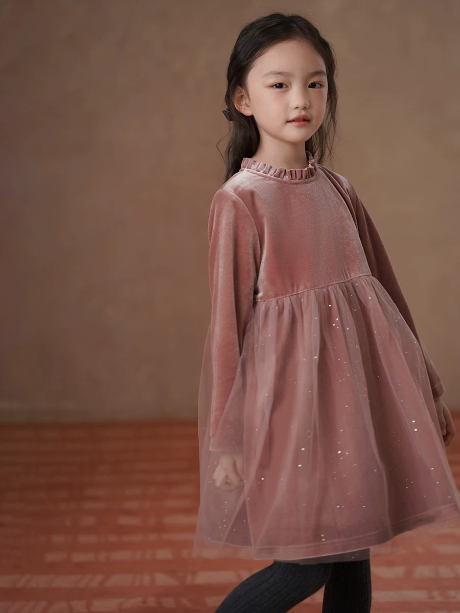 Quần áo trẻ em Váy trẻ em mùa đông có lớp lót lông cừu, váy nhung màu hồng ngọt ngào và ấm áp cho bé, váy vải tuyn dài vừa phải cho bé gái.