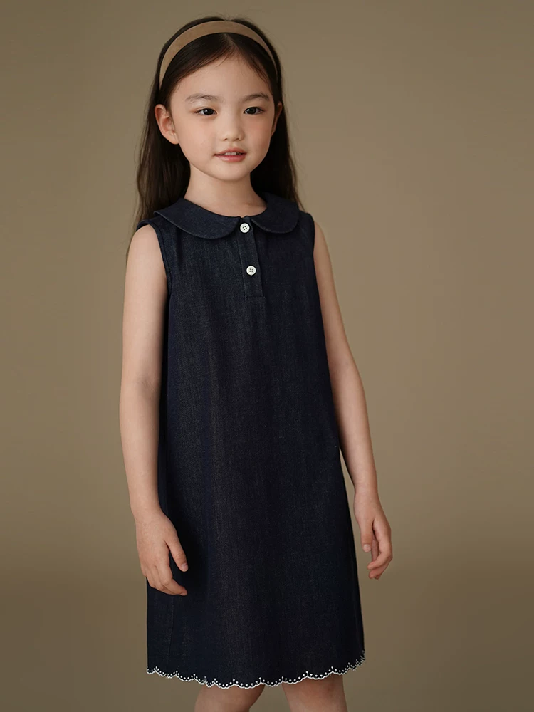 Váy liền thân không tay kiểu học sinh đơn giản cổ điển chất liệu denim dành cho bé gái lớn