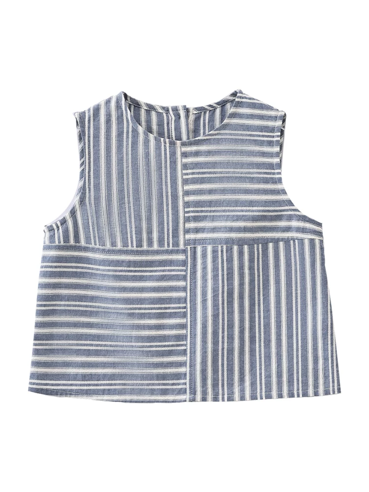 Quần áo trẻ em Áo sơ mi sọc xanh phong cách Nhật Bản Áo ba lỗ bé gái cotton thân thiện với da Trang phục mùa hè cho bé gái phong cách mới