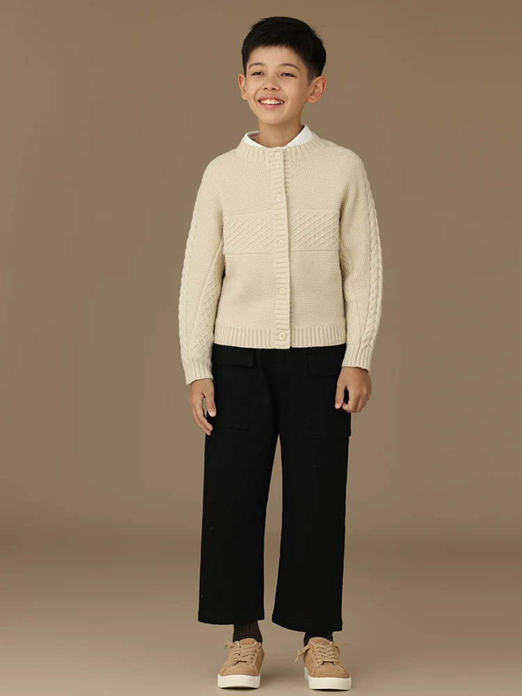 Quần thường ngày mùa đông cho trẻ em, quần cargo ấm áp lót lông cừu bằng vải cotton màu đen cho bé trai và bé gái, quần công sở dày màu đen.