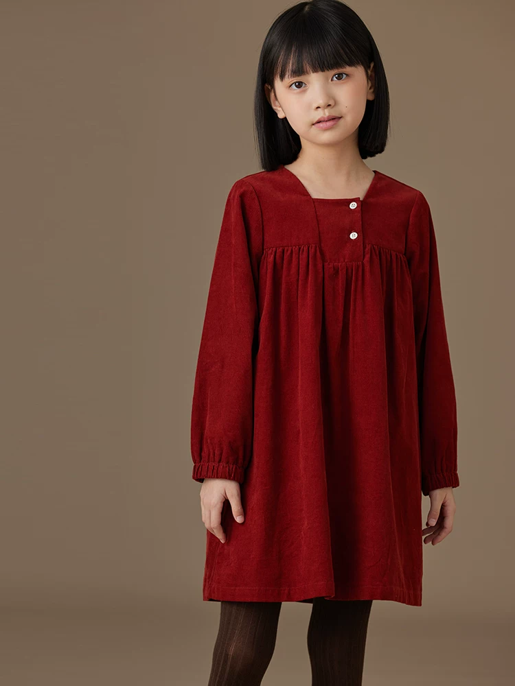 Váy dài tay chất liệu cotton mềm mại cho bé gái Hazi, váy nhung, quần áo mùa thu cho bé gái, kiểu mới 2024