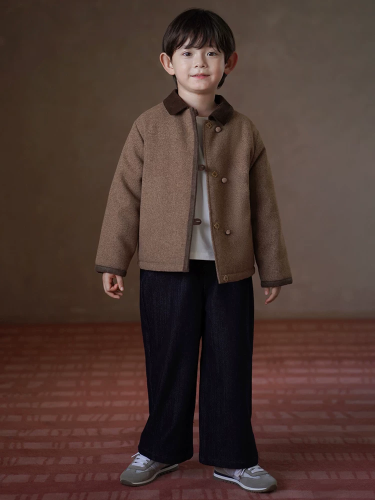Áo khoác len ngắn màu lạc đà mùa đông cho bé trai và bé gái, quần áo cotton kiểu Trung Quốc mới, ấm áp và dày dặn.
