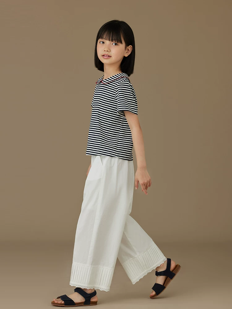 Quần trắng thường ngày cho trẻ em có lưng thun và viền ren ở bo tay, quần ống rộng thời trang cho bé gái, chất liệu mỏng cho mùa xuân và mùa hè.