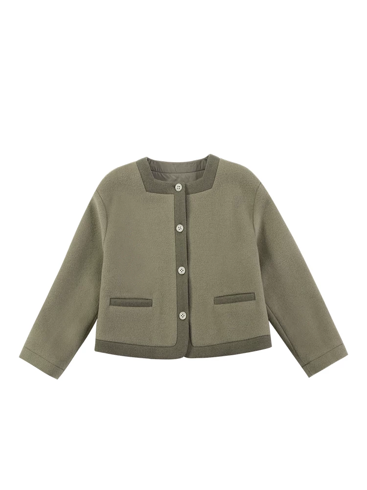 Áo khoác tweed cao cấp kiểu Pháp dành cho trẻ em, cổ vuông phối màu tương phản dành cho bé gái, áo khoác len ngắn cho mùa xuân và mùa thu.