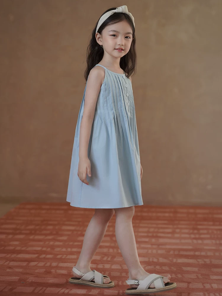 Quần áo trẻ em Hazi Váy trẻ em bằng cotton thân thiện với da Váy dây mỏng mùa hè Váy dài vừa phải cho bé gái Cảm giác đơn giản và cao cấp