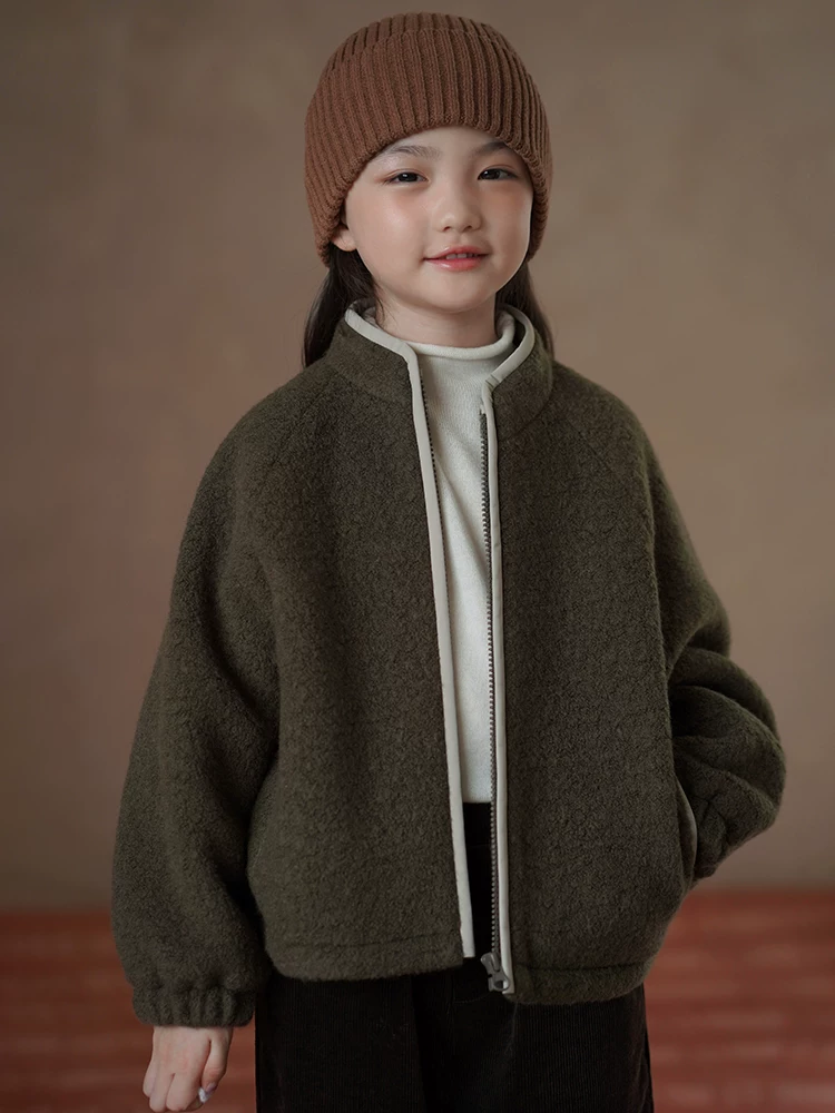 Áo len trẻ em cho mùa thu đông, áo khoác len thông thường và đa năng cho bé trai và bé gái, quần áo cotton màu xanh lá cây sành điệu.