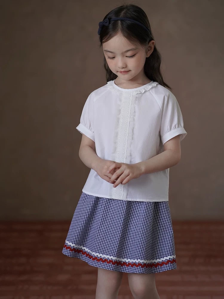 Quần áo trẻ em Hazi Áo thun trắng mát mẻ mùa hè Lyocell dành cho bé gái Áo sơ mi ngắn tay dành cho trẻ lớn hơn Phong cách mùa hè mới
