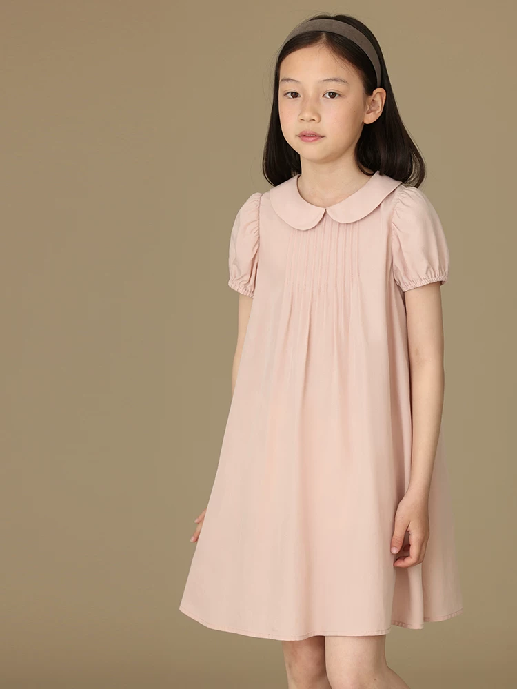 Mùa hè màu hồng ngọt ngào phong cách tươi mới cổ búp bê váy công chúa trẻ em váy ngắn tay dành cho cha mẹ và con gái