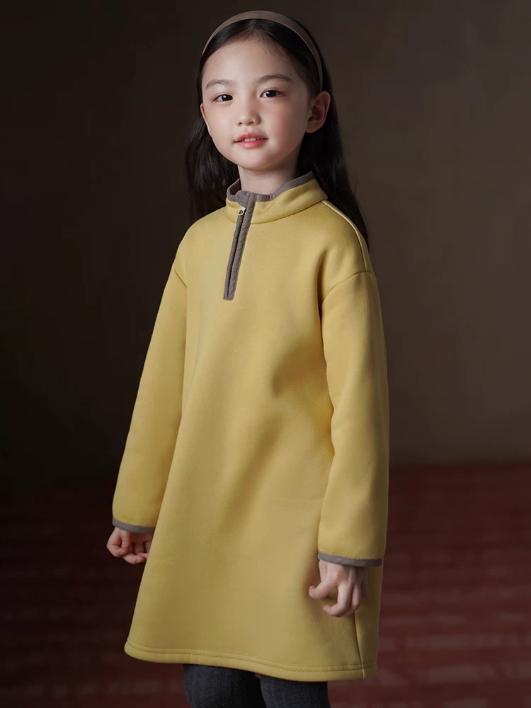 Quần áo trẻ em váy dài tay mùa thu đông váy dài tay đơn giản giản dị có lót lông cừu váy dài vừa phải váy áo len cho bé gái dành cho trẻ lớn hơn