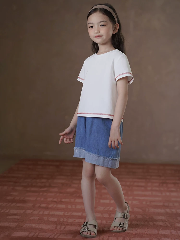 Quần áo trẻ em Ha Chi 25 Áo len dệt kim phối màu mùa hè cho trẻ em Áo thun ngắn tay cho bé trai và bé gái Áo dáng rộng giản dị thời trang