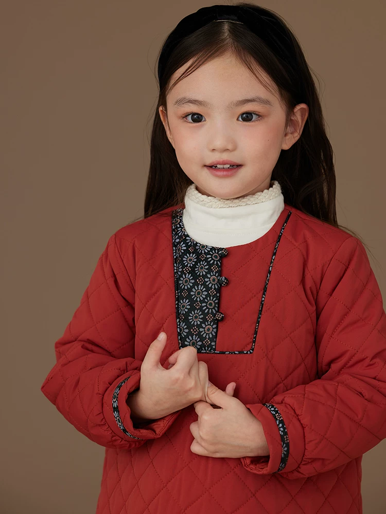 Áo khoác cotton dài vừa phải cho trẻ em mùa đông, áo khoác ấm cho bé gái, váy dài tay màu đỏ kiểu Trung Quốc mới, dày dặn.