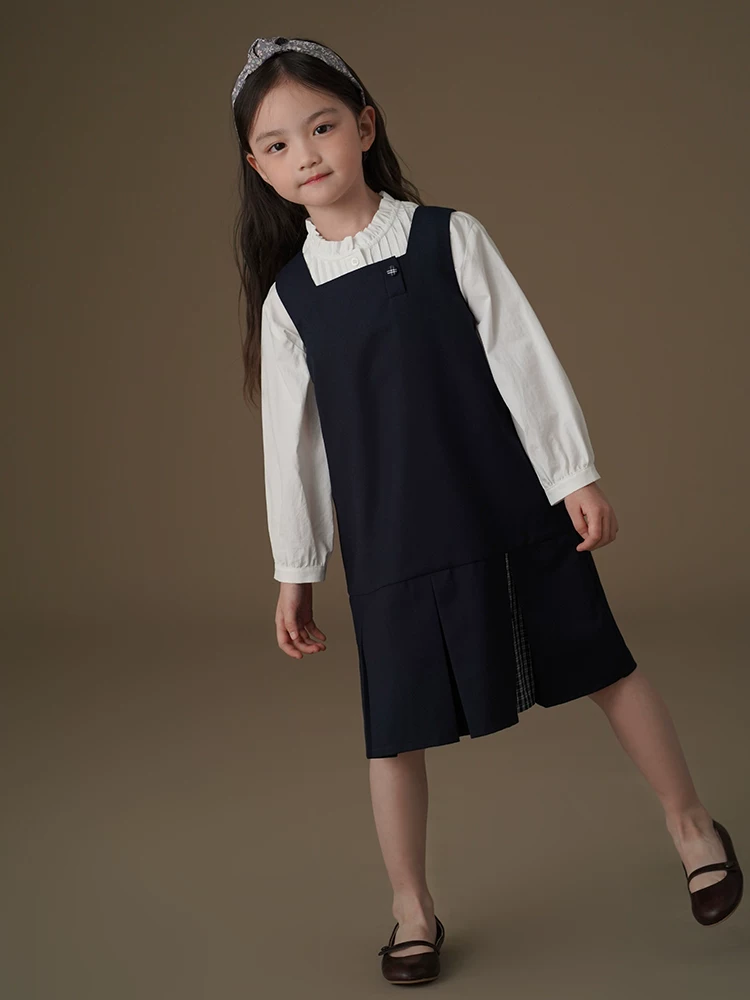 Quần áo trẻ em mùa xuân hè váy vest màu xanh hải quân đơn giản cao cấp phong cách học sinh váy mùa xuân mới cho bé gái