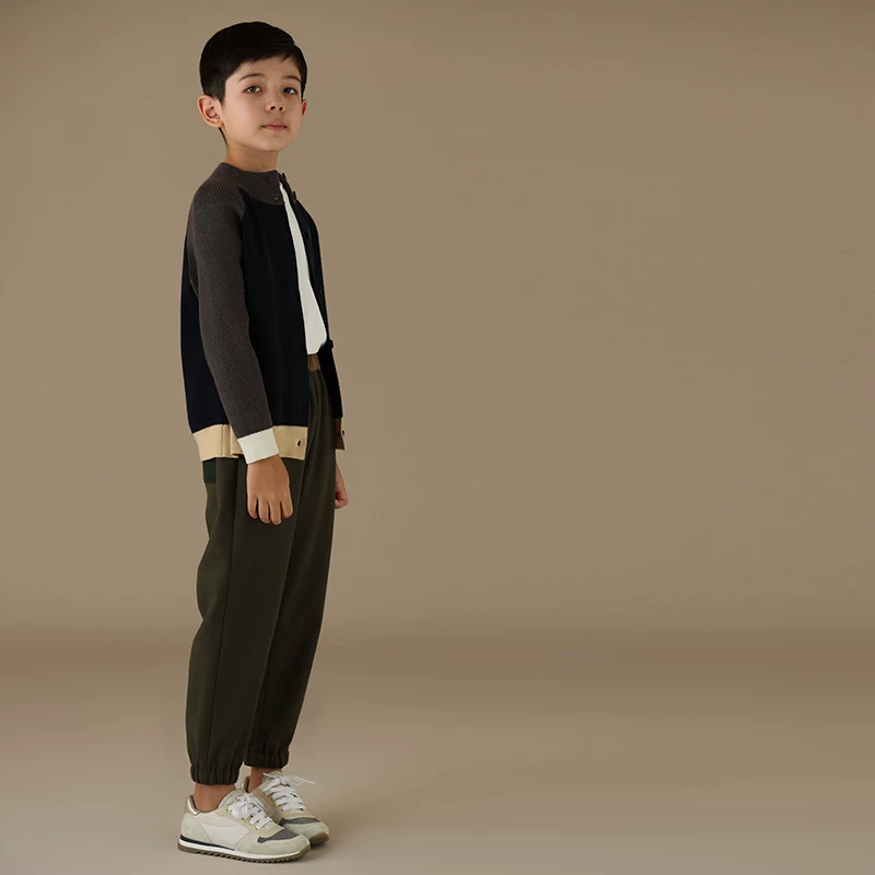 Quần jogger thể thao trẻ em thu đông, kiểu dáng retro phối màu xanh lá, lưng thun co giãn, rộng rãi, dành cho bé trai và bé gái