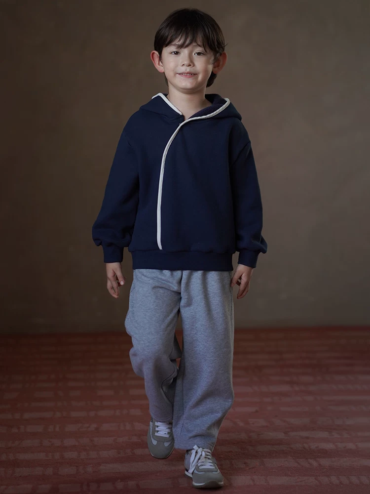 Áo thường ngày mùa đông cho trẻ em, áo nỉ lót lông màu xanh hoàng gia, áo khoác có mũ trùm đầu cho bé trai và bé gái, dày dặn và ấm áp.
