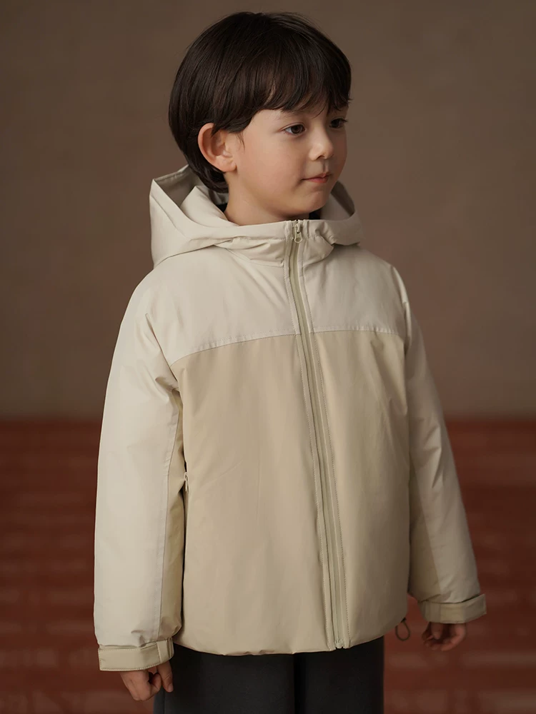 Áo khoác lông vũ có mũ trùm đầu mùa đông ấm áp cho trẻ em dành cho bé trai và bé gái, áo khoác lông vũ chắp vá, chống thấm nước ngoài trời.