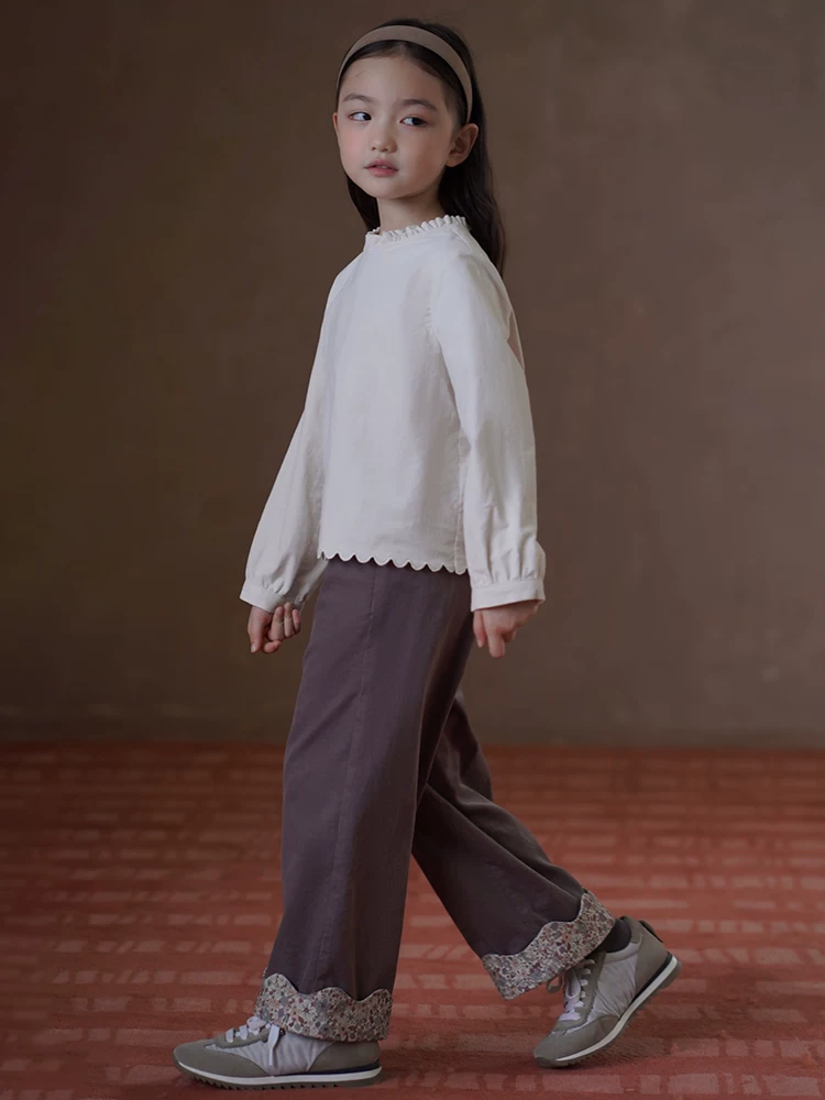 Quần nhung trẻ em cho mùa xuân và mùa thu, quần thường ngày cho bé gái, quần thẳng họa tiết hoa màu tím ngọt ngào cho bé gái