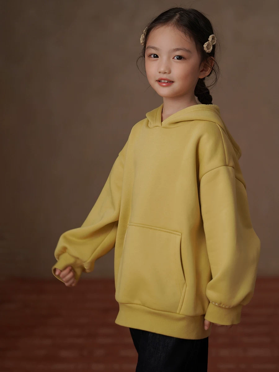 Quần áo trẻ em Hazi Áo len lót lông cừu mùa đông cho trẻ em Áo len lót lông cừu ấm áp màu vàng rộng rãi Áo khoác có mũ trùm đầu cho bé trai và bé gái