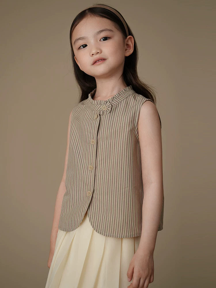 Quần áo trẻ em mùa hè áo sơ mi mỏng cho trẻ lớn hơn phong cách Hàn Quốc áo sơ mi sọc giản dị áo vest trẻ em trang phục mùa hè cho bé gái