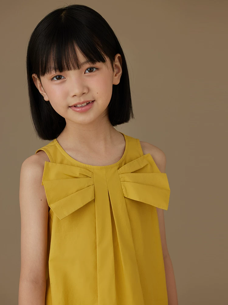 Quần áo trẻ em Hazi Váy trẻ em bằng cotton thân thiện với da Váy mỏng mùa hè Váy ba lỗ màu vàng gừng dành cho bé gái có thiết kế hợp thời trang