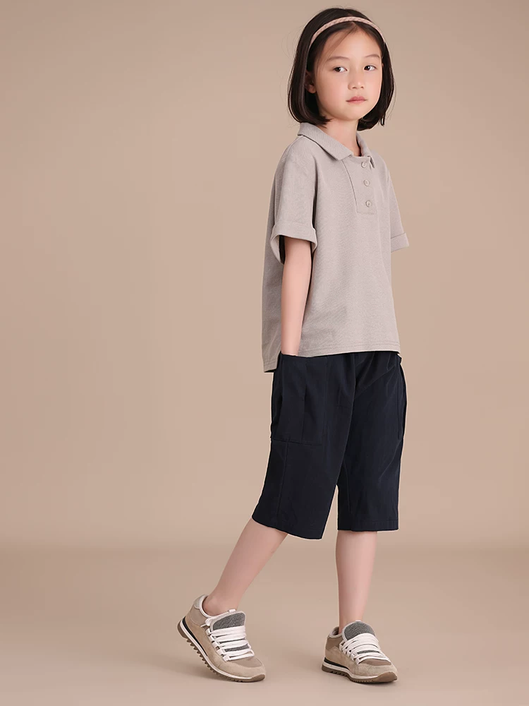 Quần áo trẻ em Hazi Bộ sưu tập mới mùa thu Phong cách cha mẹ và con cái Cotton nguyên chất thường ngày Đa năng lưng thun có túi lớn Quần short dài vừa phải