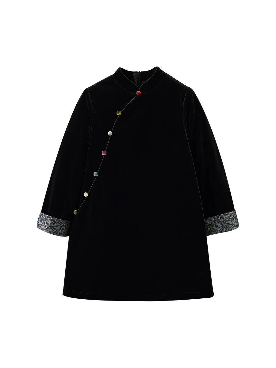 Váy mùa đông cho trẻ em váy nhung đen dài vừa phải cho bé gái váy cotton dài phong cách Trung Quốc mới Trang phục năm mới