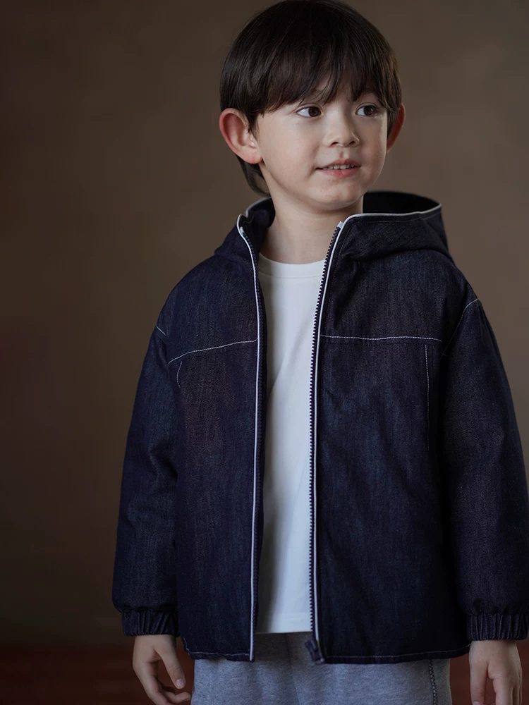 Áo khoác denim có mũ trùm đầu cho trẻ em, kiểu dáng đơn giản và rộng rãi, bé trai và bé gái, quần áo cotton 3M Thinsulate, giữ ấm mùa đông
