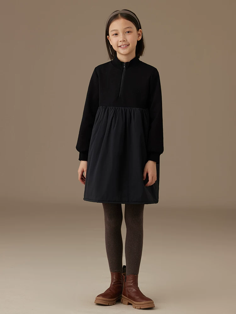 Quần áo trẻ em Ha Chi áo khoác thu đông đẹp và không lạnh, cổ cao nửa cổ, quần áo cotton ấm áp, váy dài tay chắp vá cho bé gái.