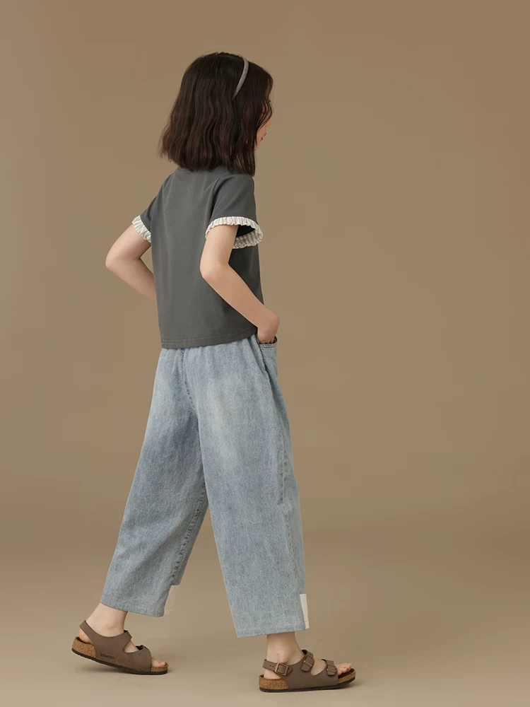 Quần dài chín điểm cho trẻ em mùa hè cotton mỏng đa năng quần dài quần âu bé trai bé gái quần jean dáng rộng vừa vặn