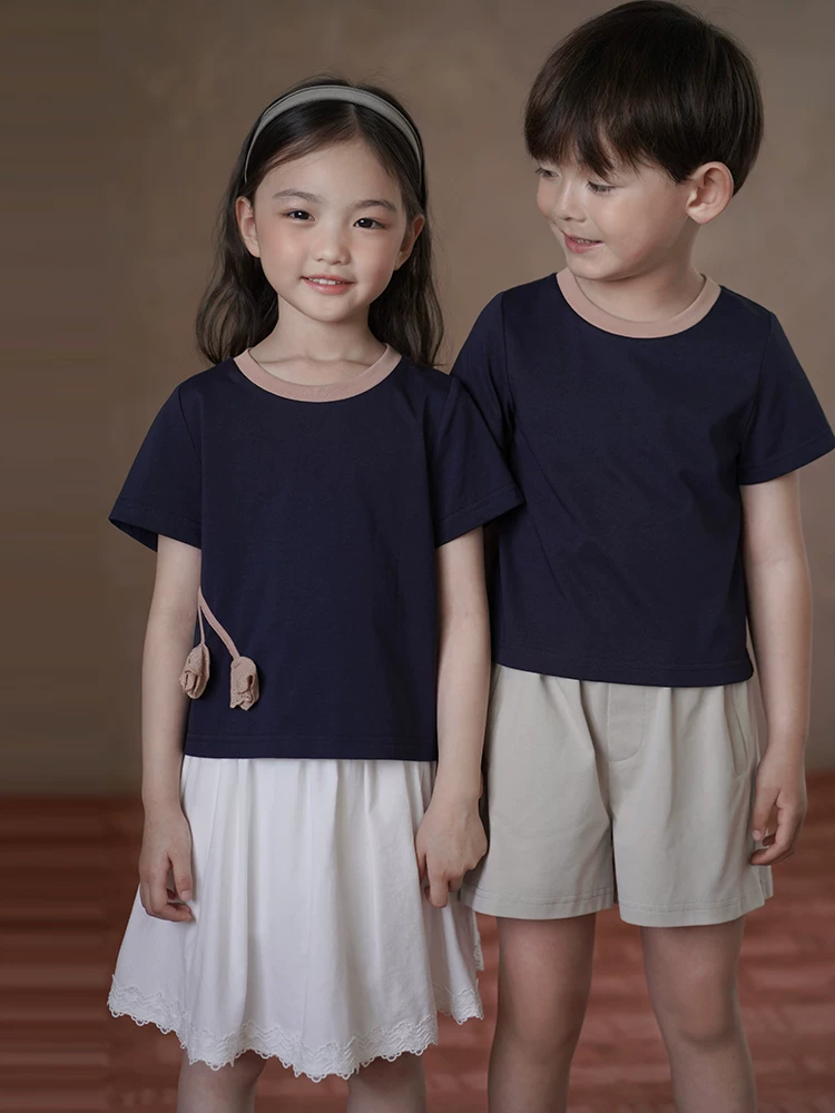 Quần áo mùa hè cho trẻ em quần áo dệt kim dáng rộng thông thường áo thun phối màu bé trai và bé gái áo ngắn tay mùa hè mỏng