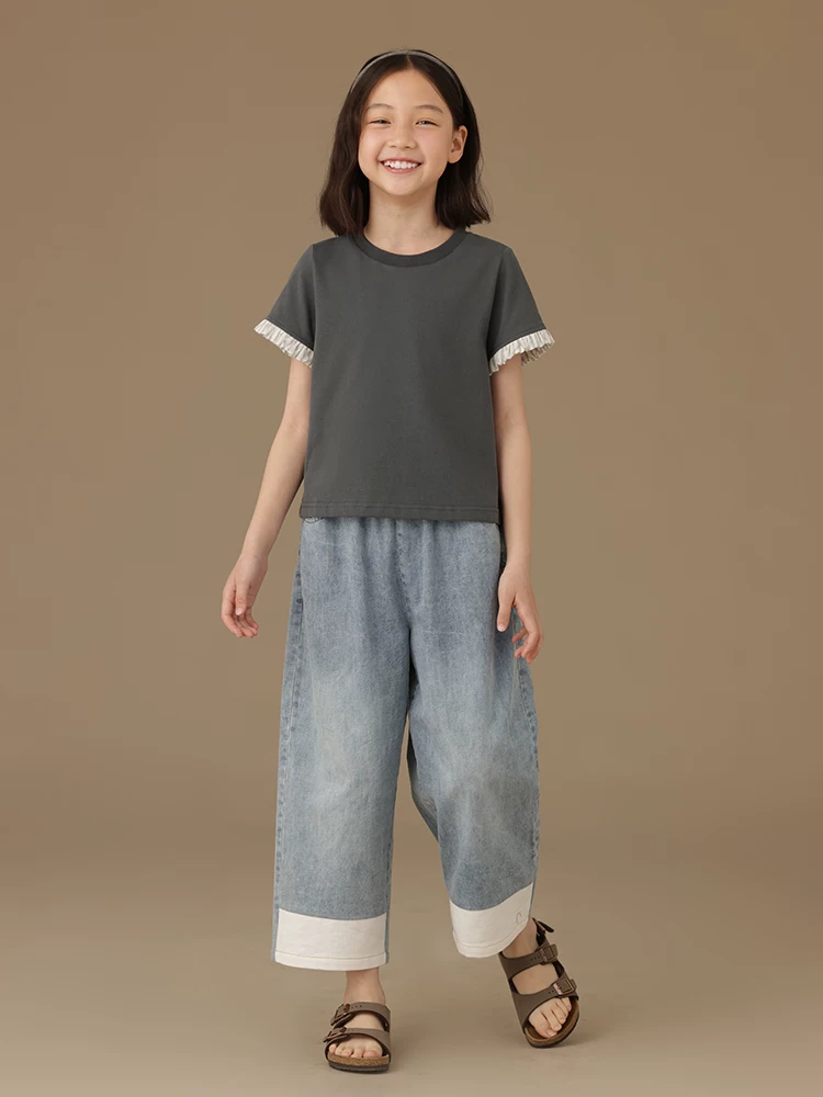 Quần áo trẻ em áo ngắn tay màu xám đậm mùa hè mỏng đa năng áo thun cổ tròn dáng rộng trang phục mùa hè cho bé gái sành điệu