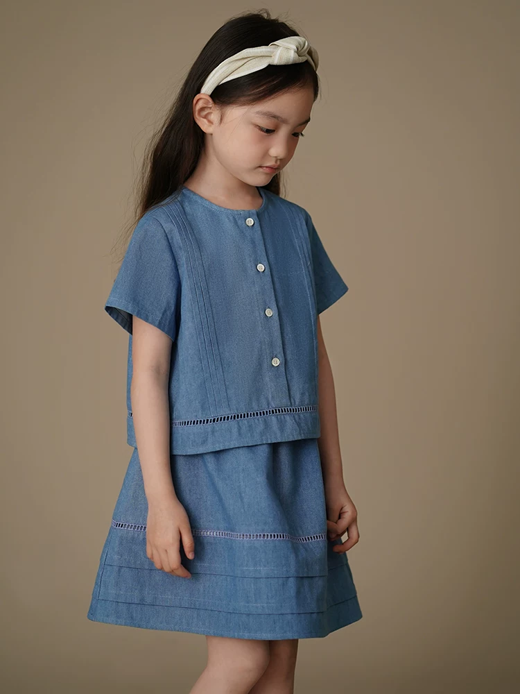 Hazi Quần Áo Trẻ Em Mùa Hè Denim Bộ Thân Thiện Với Làn Da Thoáng Khí Áo Sơ Mi Tay Ngắn Váy Bé Gái Thường Ngày Dáng Rộng