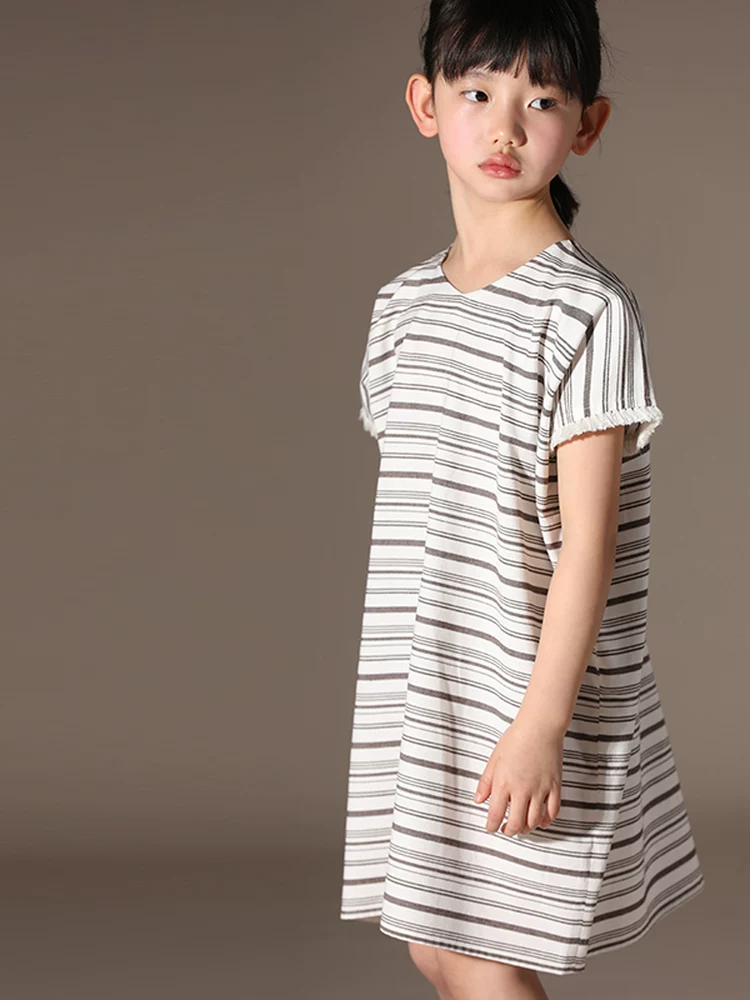 Quần áo trẻ em Ha Chi mùa hè chất liệu cotton chải kỹ cao cấp sọc kẻ kiểu dáng mẹ và bé tay bèo váy chữ A váy bé gái