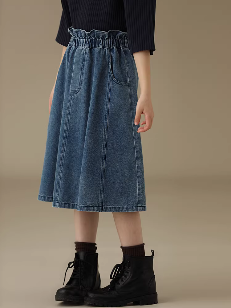 Quần áo trẻ em Hazi Xuân Thu Sản phẩm mới Váy chữ A denim có túi thun dành cho mẹ và con gái bằng cotton nguyên chất thân thiện với da