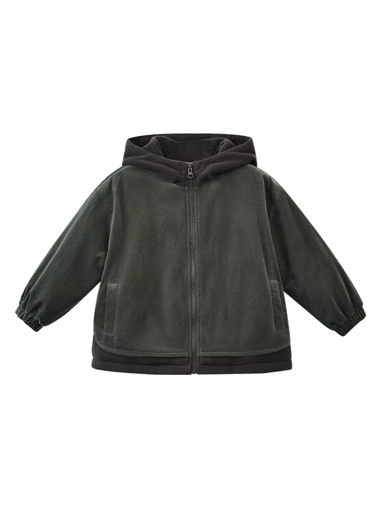 Quần áo cotton trẻ em dày dặn ấm áp lót lông cừu áo khoác bé trai và bé gái quần áo mùa đông màu xanh quân đội