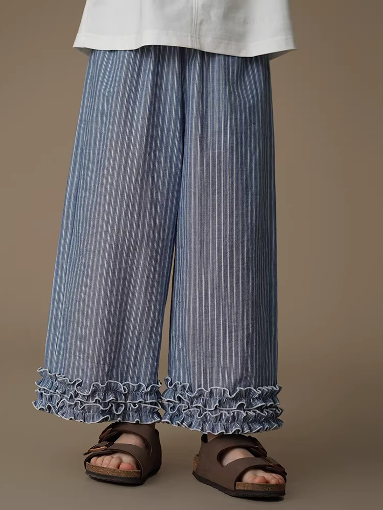 Quần ống đứng ren trẻ em, kiểu dáng Hàn Quốc sành điệu, quần sọc rộng rãi, quần dài bé gái, kiểu dáng mỏng mùa hè.