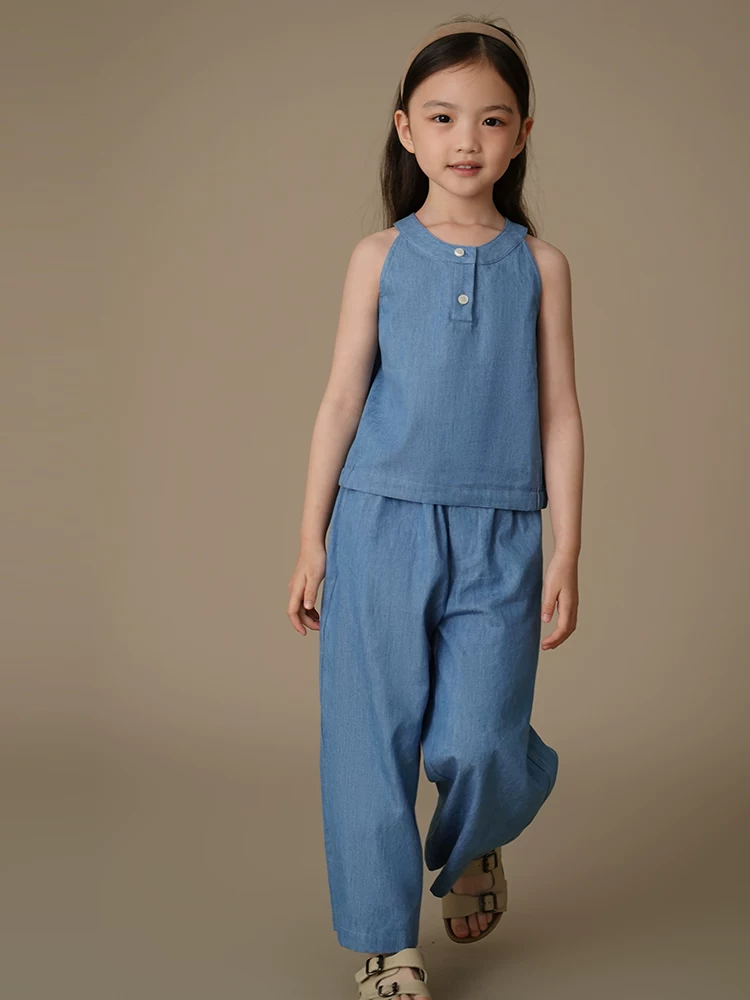 Quần áo trẻ em cho bé gái: áo vest không tay, quần dài đơn giản, đa năng, bộ denim cho trẻ em, kiểu dáng mỏng nhẹ mùa hè.